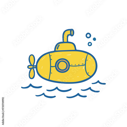 Cute Yellow Submarine Doodle. Playful hand-drawn underwater craft journeying through waves, symbolizing childhood adventure and exploration.