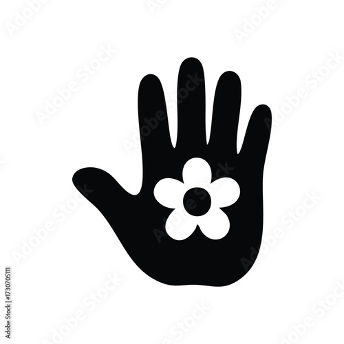 Peaceful Hand with Flower Icon. This striking illustration depicts a human palm gently presenting a bloom, symbolizing unity, ecological care, and serene well-being. A powerful emblem for connection.