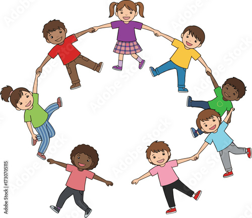Children holding hands vector, playful circle activity, diverse kids illustration, friendship and teamwork concept, colorful clothing, joyful interaction, inclusive cartoon design