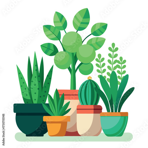 Create a colorful illustration of different potted indoor plants with various shapes, sizes, and leaves
