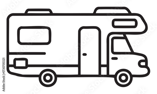 Outline of recreational vehicle camper van illustration in simple black and white design - stock vector