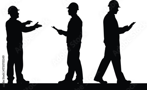 Construction worker silhouette vector, hard hat figures, clipboard poses, industrial scene, professional activity, black illustration, teamwork concept, front view, occupational design