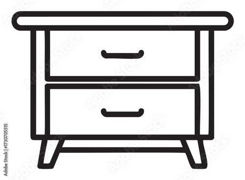 Minimalist two-drawer nightstand icon in black and white line art style - stock vector