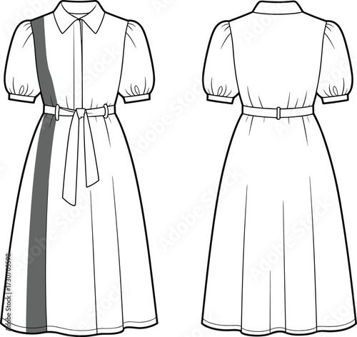 Dress sketch vector, puff sleeves, collared neckline, button-down front, tie waist belt, flared skirt, fashion design, technical drawing, front and back view