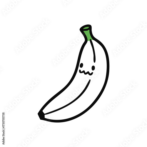 Cute Cartoon Banana Character. Adorable hand-drawn fruit graphic with a green stem. Its bashful, expressive face imparts a touch of humor and whimsy.