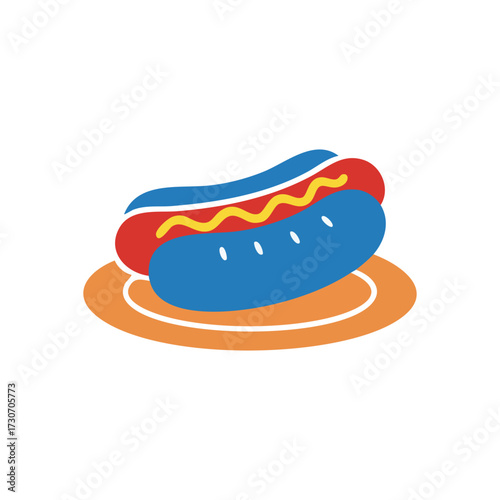 Classic Hot Dog Graphic on Plate. This vibrant digital emblem features a savory sausage in a soft bun with mustard. It conveys casual dining, American culture, and summer celebrations.