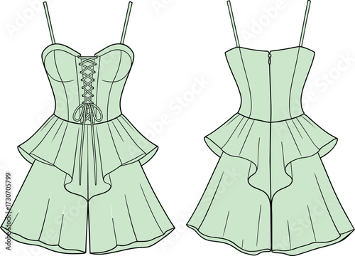 Fashion romper vector, corset bodice design, sweetheart neckline, lace-up detail, peplum shorts, zipper back, stylish garment, trendy outfit, feminine clothing illustration