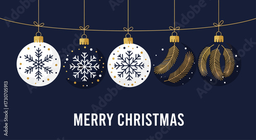 Elegant gold and white Christmas ornaments with snowflakes and pine branches hang against a deep navy background, celebrating festive holiday cheer