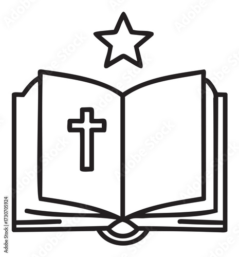Open bible with cross and star icon in black and white line art - stock vector