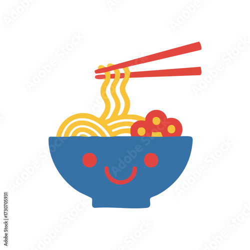 Happy Noodle Bowl with Chopsticks. This delightful graphic portrays an animated dish of Asian fare, complete with a smiling visage and utensils. It conveys joy and culinary comfort.