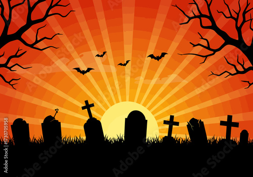 A spooky Halloween graveyard scene with silhouetted tombstones, bare trees, and bats against a vibrant orange sunburst sky.
