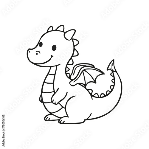 Cute Cartoon Dragon Outline. Adorable mythical creature drawing, perfect for children's coloring pages. This happy fantasy beast symbolizes joy and imagination.