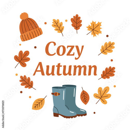 - Focus on describing the main elements and the overall theme. - "Cozy Autumn" is central. - Elements: leaves, hat, boots. - Overall feeling: cozy, autumn. -...