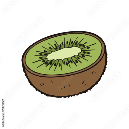 Vibrant Kiwi Half Illustration. A delightful rendition of a sliced kiwifruit, revealing its verdant pulp and tiny black seeds. This juicy produce symbolizes healthy eating and natural goodness.
