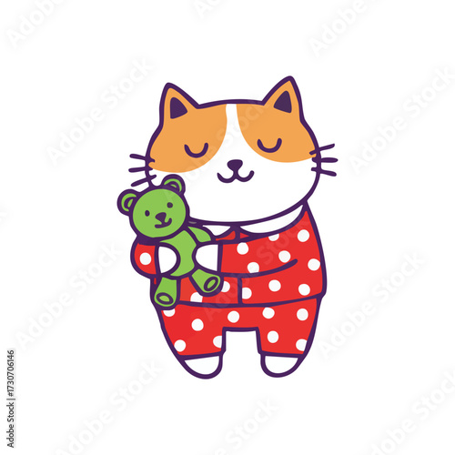 Cute Cat in Pajamas with Teddy Bear. Adorable feline friend wearing cozy sleepwear cuddles a beloved green plush toy. A sweet illustration evoking childhood comfort and peaceful slumber.