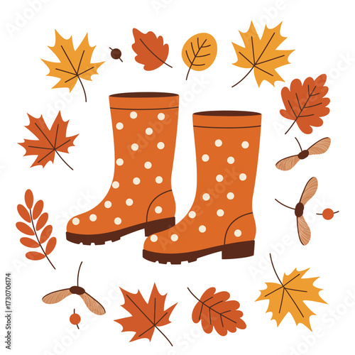 A pair of orange polka-dotted rain boots surrounded by a frame of colorful autumn leaves and seeds.