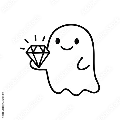 Adorable Specter with Gleaming Gem. Friendly phantom proudly displays a sparkling jewel. This charming character symbolizes discovery, triumph, and success.