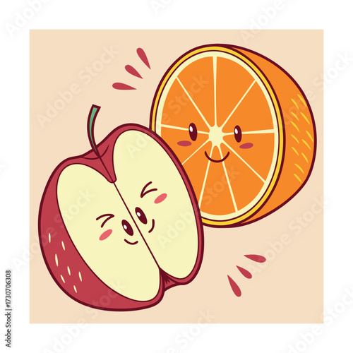 Cute apple and orange characters smiling and winking cheerful fruits duo isolated on transparent background