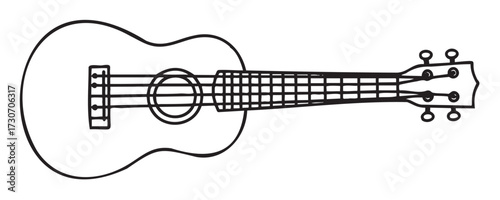 Black and white ukulele drawing with detailed strings and tuning pegs - stock vector