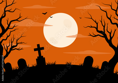 Spooky Halloween graveyard scene with a full moon, bats, and an orange sky.