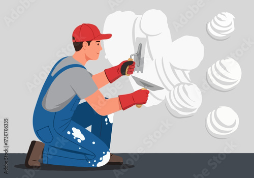 Male Worker Plastering Wall with Trowel and Putty
