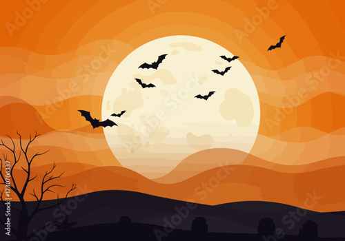 Spooky Halloween night scene with a full moon, flying bats, a bare tree, and a graveyard silhouette against an orange sky.