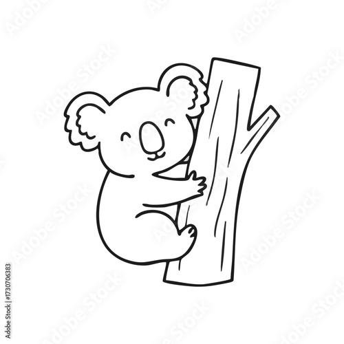 Sweet Koala Embracing Tree Trunk. Charming Australian marsupial doodle illustrates a joyous bond with nature. This playful graphic inspires happiness, representing innocence and peacefulness.