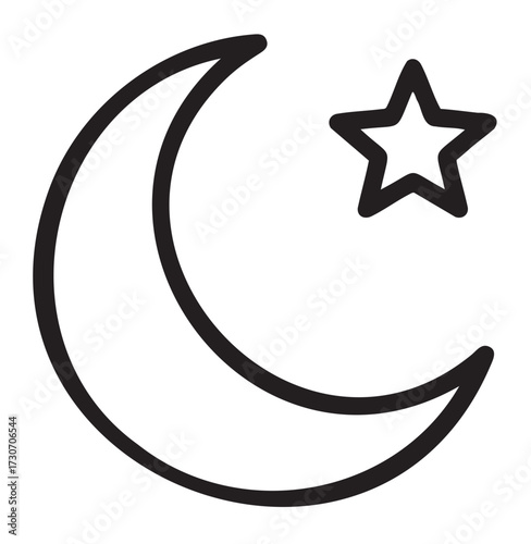 Black outline of crescent moon and star on white background - stock vector