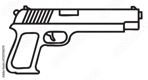Black and white outline drawing of a handgun with minimalist design - stock vector
