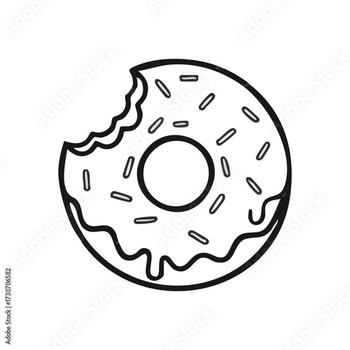 Delicious Bitten Donut Drawing. Charming monochrome sketch of a partially eaten pastry, perfect for illustrating indulgence, cravings, or a delightful treat. Simple, appealing graphic.