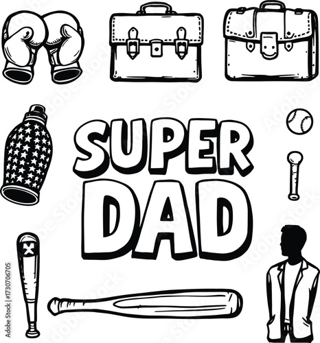 Super Dad Icon Vector Featuring Boxing Gloves, Briefcases, Sports Gear, and Hero Text in Black and White Line Art Style