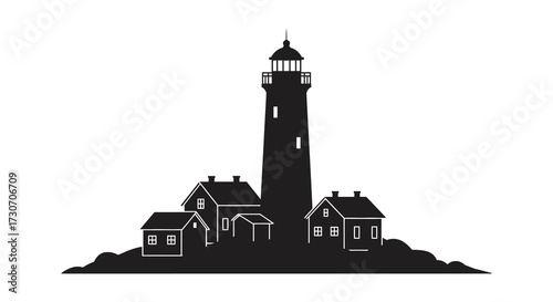 Coastal scene featuring a lighthouse and small buildings black silhouette
