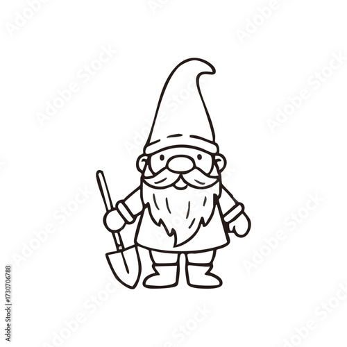 Cute Garden Gnome Illustration. Charming mythical creature artwork, depicting a delightful forest sprite holding a spade. It symbolizes hard work, nature, and playful magic.