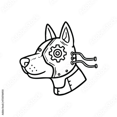 Robot Dog Head Steampunk Style. An artistic depiction of a mechanical hound showcasing innovation and futuristic pet concepts. This illustration embodies technological evolution and loyal.