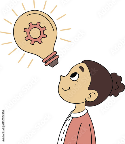 Person dreaming up innovative ideas with a glowing lightbulb featuring gears symbolizing engineering isolated on transparent background