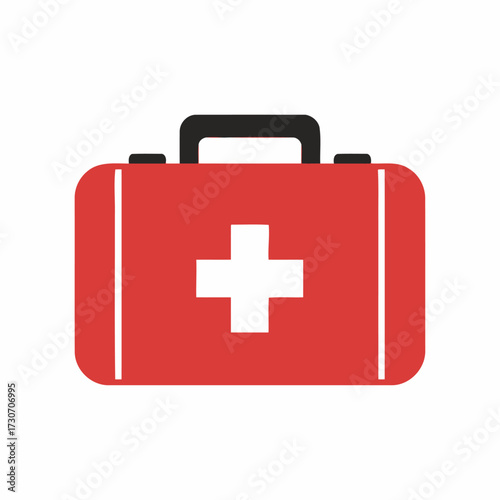 Red first aid kit with white cross and black handle on white background.