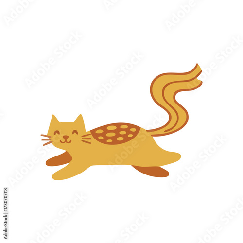 Playful Golden Feline Illustration. A cheerful yellow domestic animal depicted in a simple graphic style, running happily. This adorable creature symbolizes joy and spirited energy.