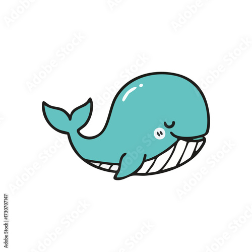 Happy Blue Whale Cartoon Illustration. This cheerful aqua cetacean graphic exudes pure joy. A sweet hand drawn ocean friend, perfect for kids and marine themes.