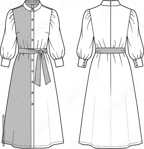 Midi dress sketch vector, puff sleeves, collared neckline, button-down front, belted waist, A-line silhouette, front and back view, fashion illustration, garment design