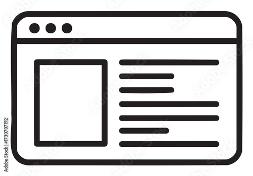 Minimalist line art of a webpage layout with text and image placeholder - stock vector