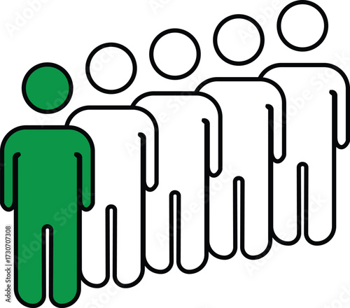 Leader highlighted in line of people icon showing authority, guidance, teamwork and crowd leadership concept with transparent background