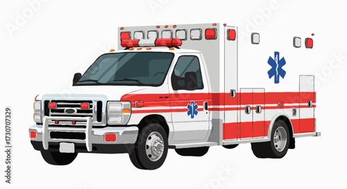 Ambulance truck, for resuscitation, with flashing lights, isolated on white background
