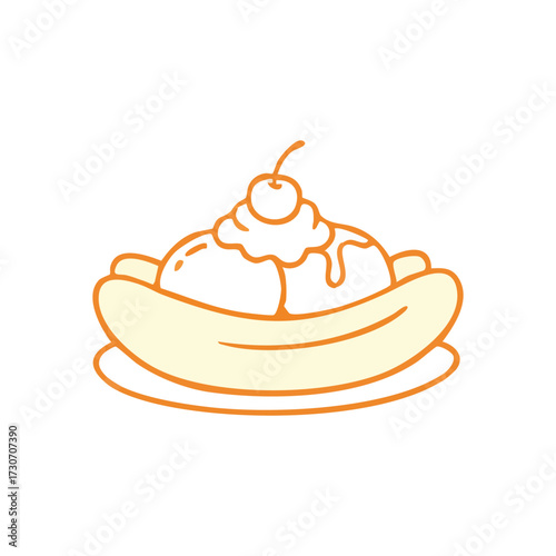 Delicious Banana Split Graphic. This charming vector portrays a delightful ice cream sundae on a halved fruit, topped with whipped topping and a berry, evoking joy and indulgence.