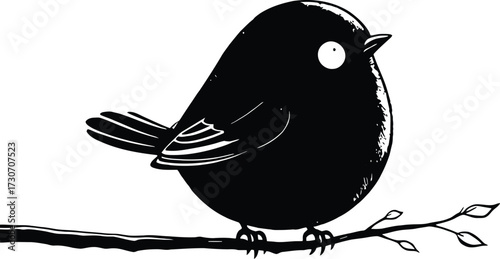 Bird on Branch Silhouette Vector Featuring Plump Perched Bird with Wing Detail in Black and White Line Art Style