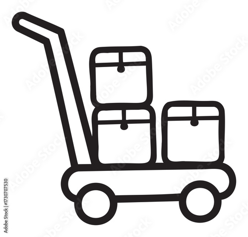 Hand truck with three boxes on wheels line icon for delivery and shipping - stock vector