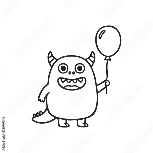 Smiling Little Creature Holding Balloon. A friendly cartoon beast joyfully presents an inflated sphere. This charming doodle represents childhood wonder, celebrations, and whimsical fun.