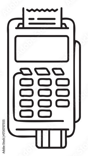 Black and white line drawing of a credit card payment terminal with receipt - stock vector