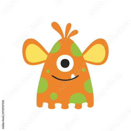 Cute Orange Cartoon Monster Mascot. Adorable cheerful one-eyed critter with large ears and vibrant spots. Ideal for children's designs, symbolizing joy and imagination.