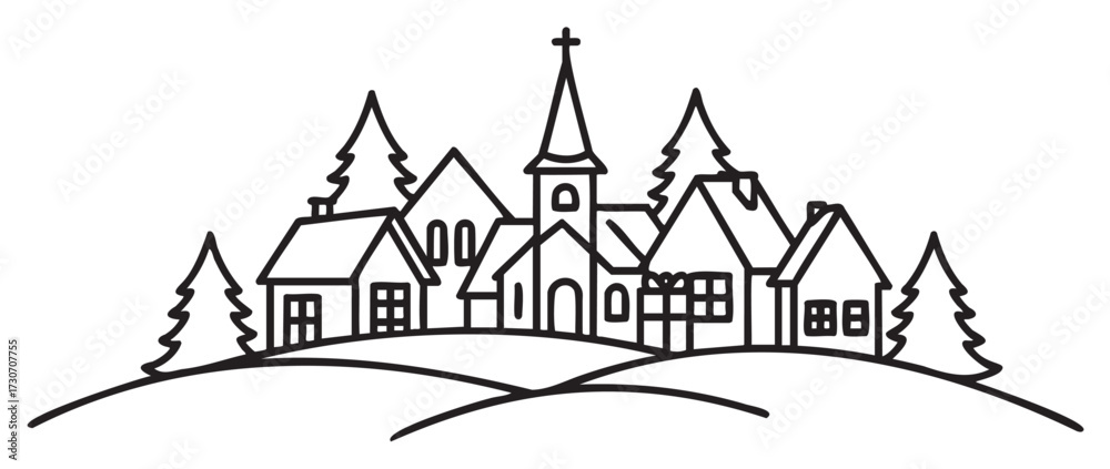 Obraz premium Small village church with surrounding houses and pine trees outline drawing - stock vector