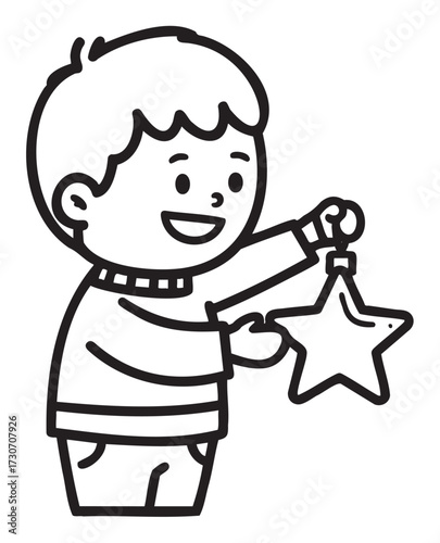 Smiling young caucasian boy hanging star ornament - stock vector